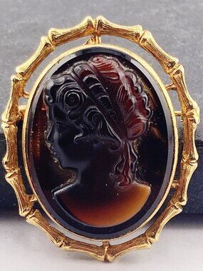 Vintage Faux tortoise shell and gold tone metal lady's head cameo brooch pin